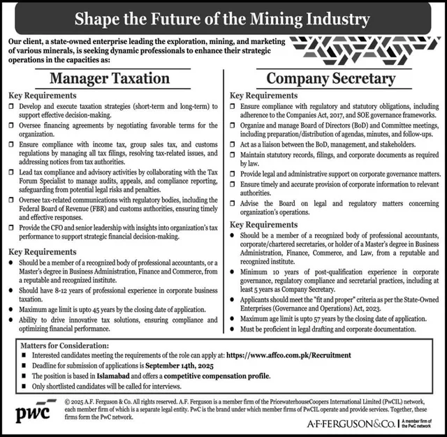 Manager Taxation & Company Secretary Jobs in Islamabad 2025