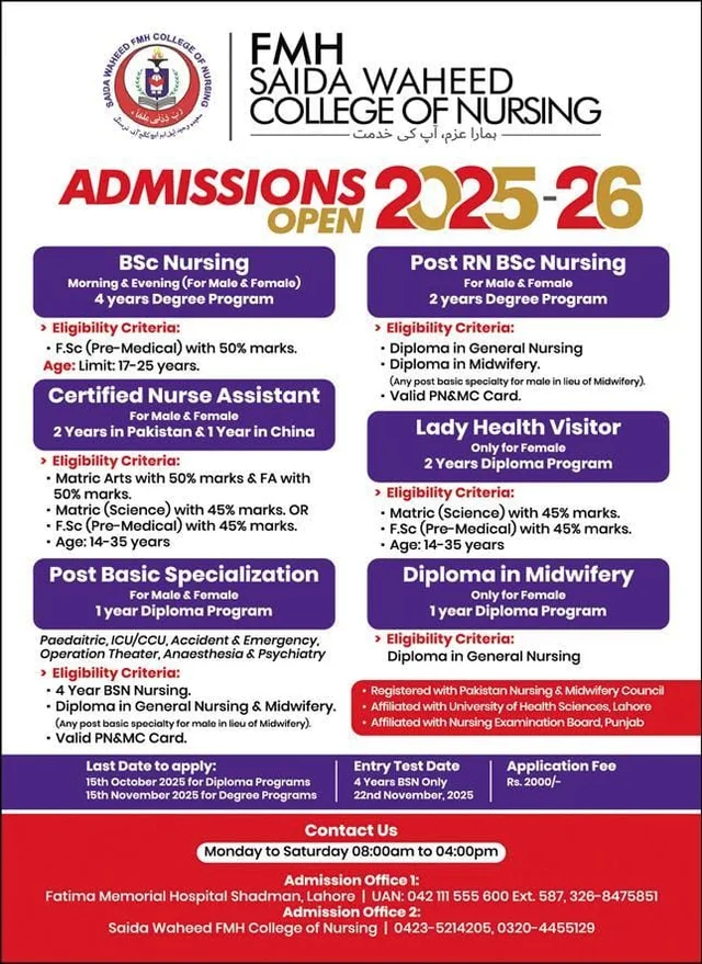 FMH Saida Waheed College of Nursing Admissions Open 2025-26