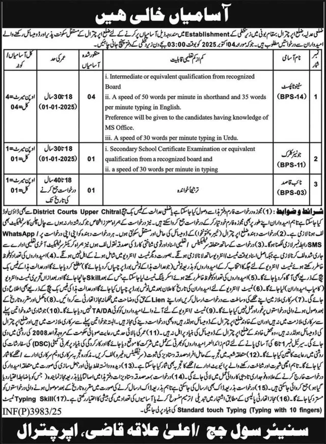 Stenotypist Jobs BPS-14 District Courts Upper Chitral 2025