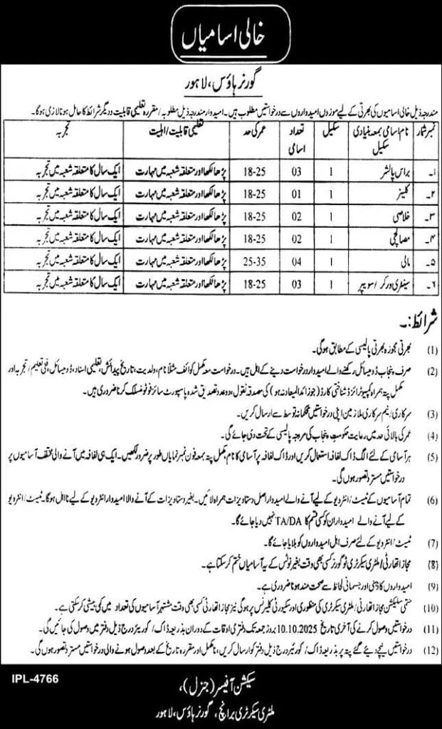 Mali (Gardener) Jobs at Governor House, Lahore