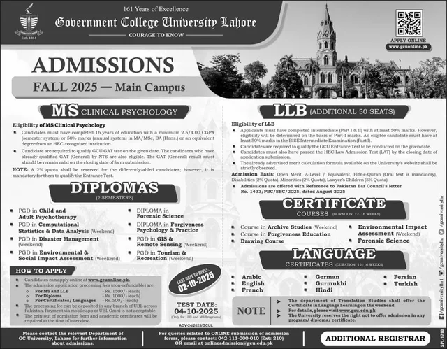 GCU Lahore Admission 2025