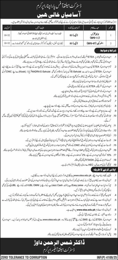 Junior Clerk BPS-11 Job at District Health Office Kurram KP 2025