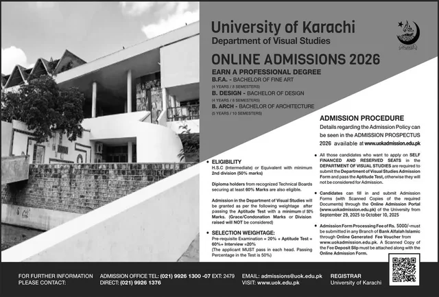 University of Karachi Visual Studies Admission 2026 — BFA, B.Design, B.Arch