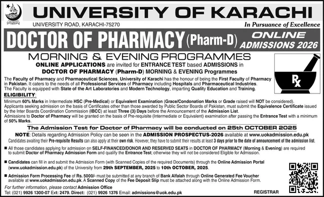 University of Karachi Pharm-D Admission 2026 — Apply Now