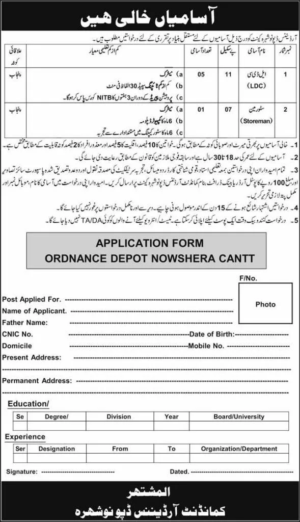 Excellent Crucial Storeman Job at Ordnance Depot Nowshera 2025