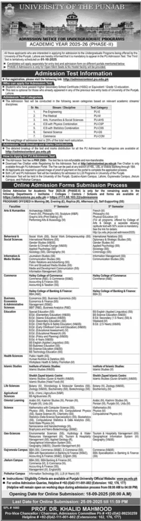 Punjab University Undergraduate Admission 2025