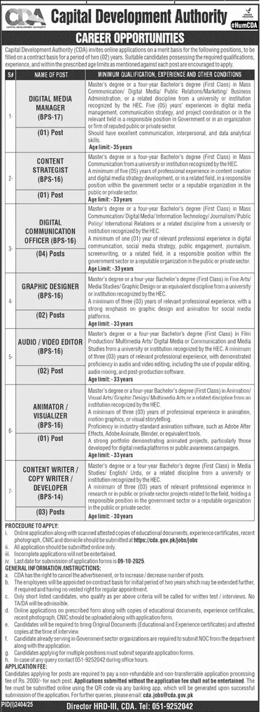 Digital Media Manager BPS-17 Jobs 2025 Capital Development Authority (CDA)