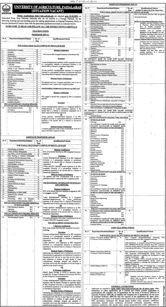 Professor BPS‑21 Jobs 2025 University of Agriculture Faisalabad UAF