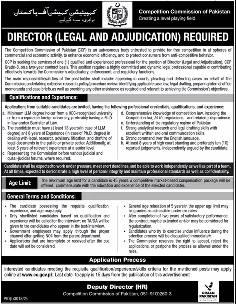 CCP Jobs 2025 Director Legal and Adjudication Competition Commission of Pakistan Islamabad