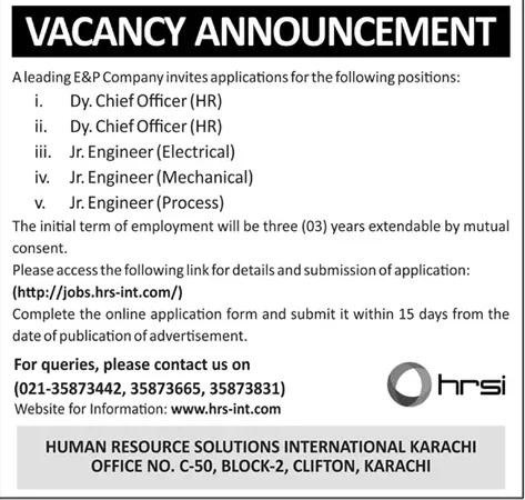 HRSI Jobs 2025 Jr Engineer Electrical Human Resource Solutions International Karachi