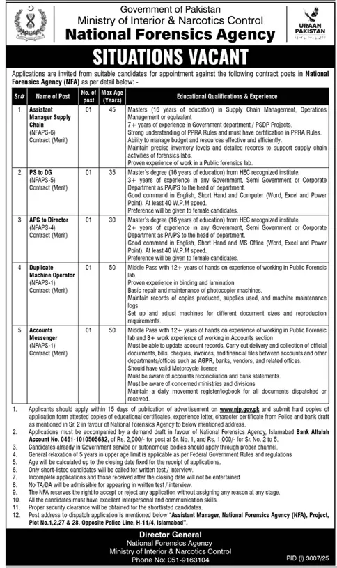 PS to DG Jobs 2025 NFA National Forensics Agency Islamabad