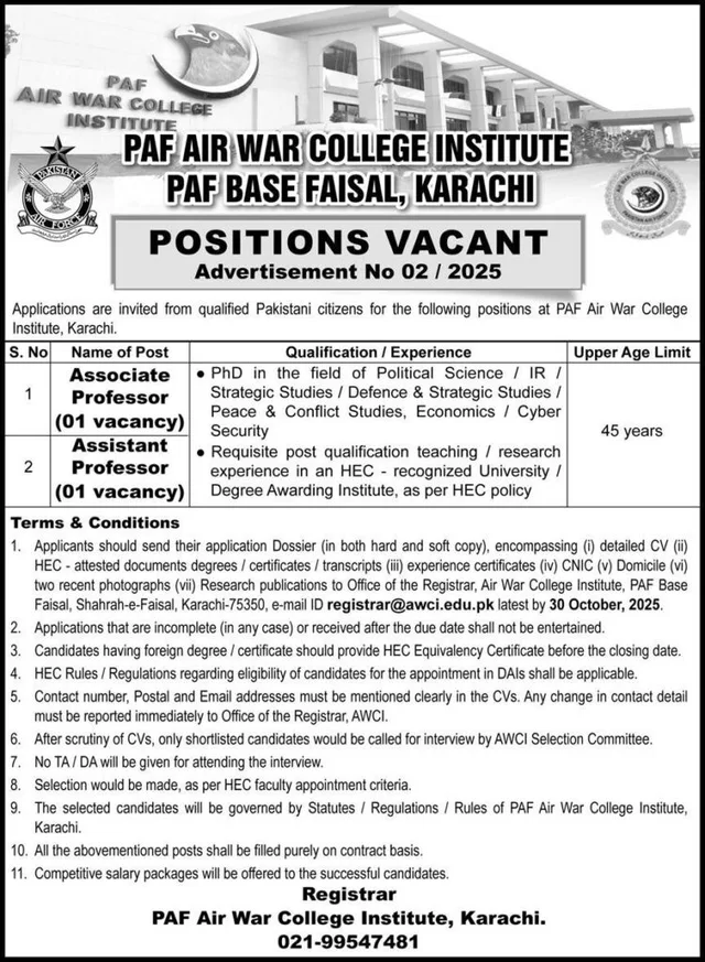 PAF Jobs 2025 Associate Professor & Assistant Professor PAF Air War College Institute Karachi