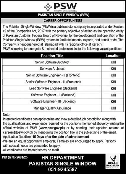PSW Jobs Senior Software Architect 2025 Pakistan Single Window Karachi