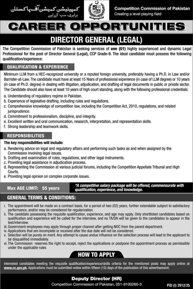 CCP Jobs 2025 Director General Legal Competition Commission of Pakistan Islamabad