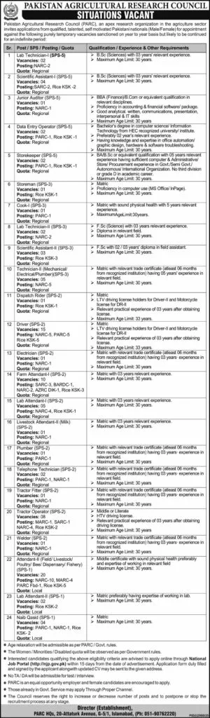 PARC Jobs 2025 Lab Technician I Pakistan Agricultural Research Council Islamabad