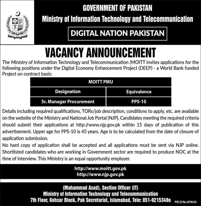 MOITT Jobs 2025 Sr Manager Procurement Ministry of Information Technology and Telecommunication Islamabad