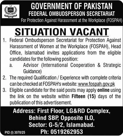 FOSPAH Jobs 2025 Advisor International Cooperation and Strategic Guidance Federal Ombudsperson Secretariat Islamabad