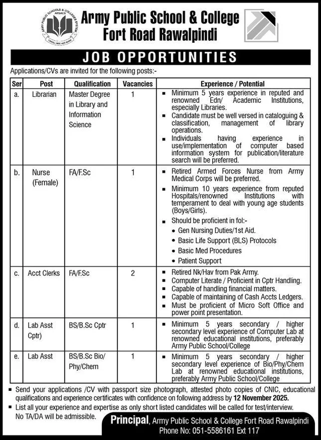 Librarian — Army Public School & College Fort Road Rawalpindi (APS&C Jobs 2025)