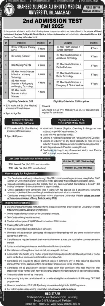 Shaheed Zulfiqar Ali Bhutto Medical University Admission 2025