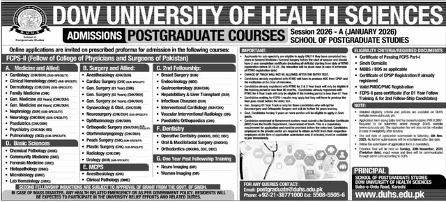 Dow University of Health Sciences Admissions 2026