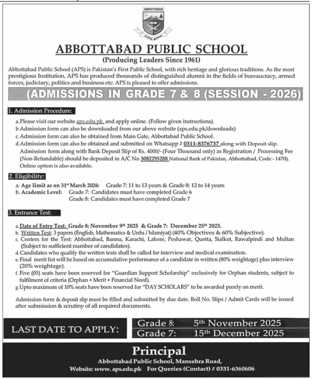Abbottabad Public School Admissions Open — Grades 7 & 8 (Session 2026)
