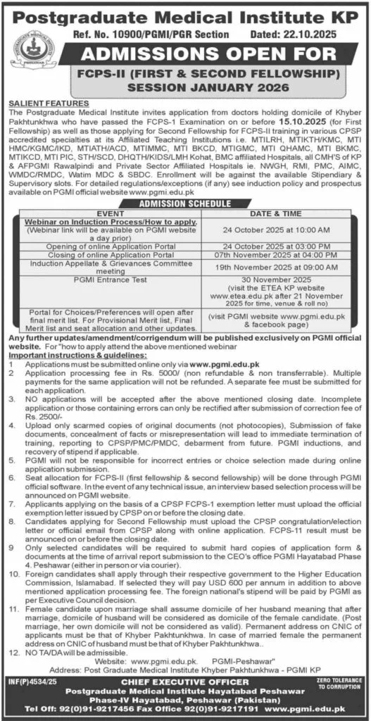 Admissions Open: FCPS-II (First & Second Fellowship) — January 2026 Session