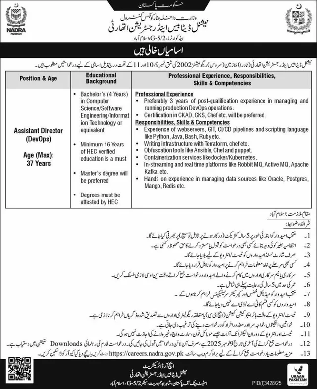 Assistant Director (DevOps) NADRA Islamabad Jobs 2025