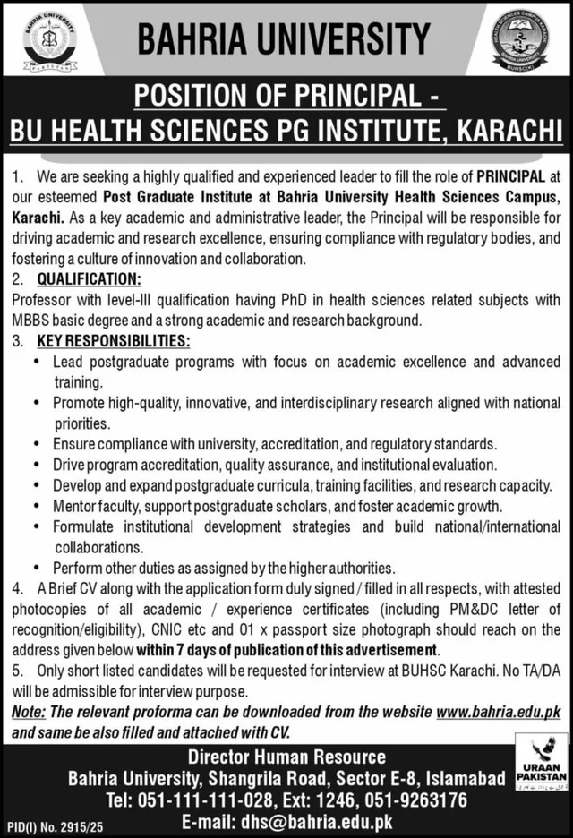 BU Jobs 2025 Principal BU Health Sciences PG Institute Bahria University Karachi Latest