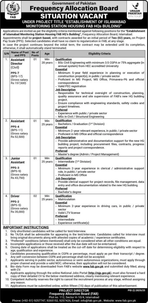 FAB Assistant PPS 04 Jobs 2025 Frequency Allocation Board Islamabad