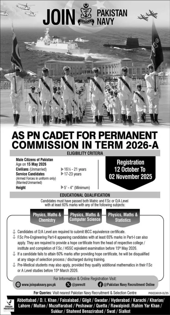 PN Cadet Jobs 2026-A Pakistan Navy Permanent Commission Online Registration Latest