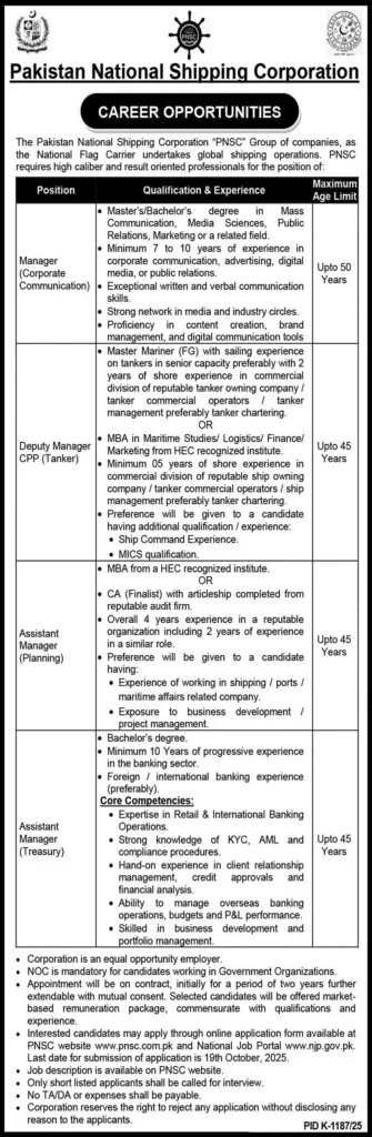 PNSC Jobs Manager Corporate Communication 2025 Pakistan National Shipping Corporation Karachi