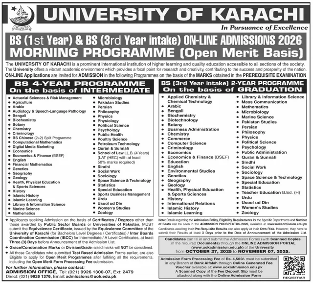 University of Karachi — Admissions Open (Morning Programme 2026)