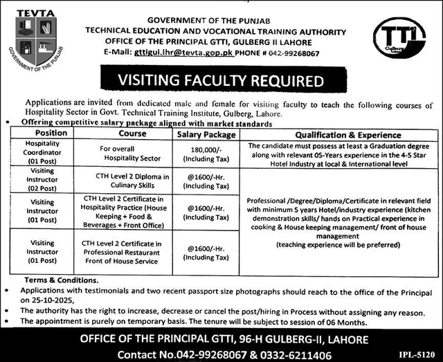 Visiting Faculty Gulberg Lahore — Hospitality Coordinator & Instructors