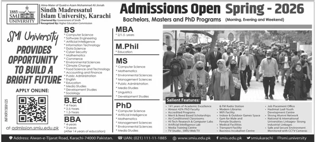 SMI University, Karachi: Admissions Open Spring 2026