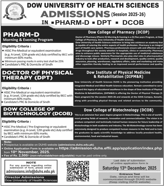 DOW University of Health Sciences: Admissions Open 2025-26