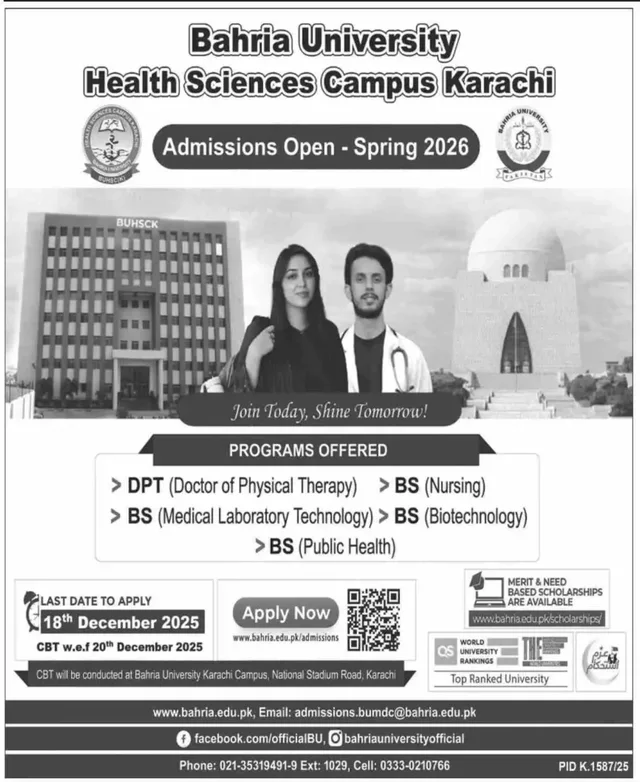 Bahria University Health Sciences Campus Karachi: Admissions Spring 2026