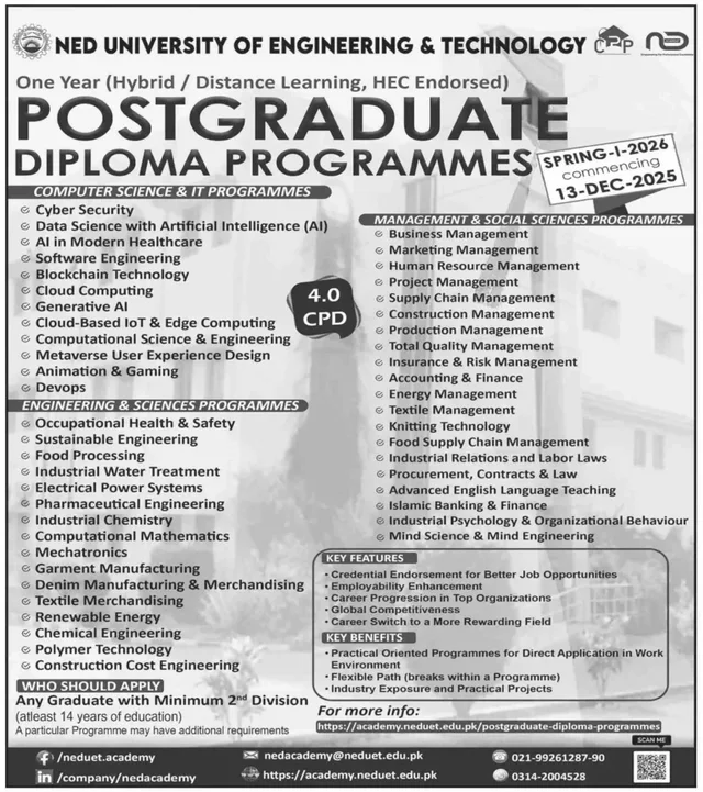 Enhance Your Career: NED UET Postgraduate Diploma Admissions Open for Spring-I-2026