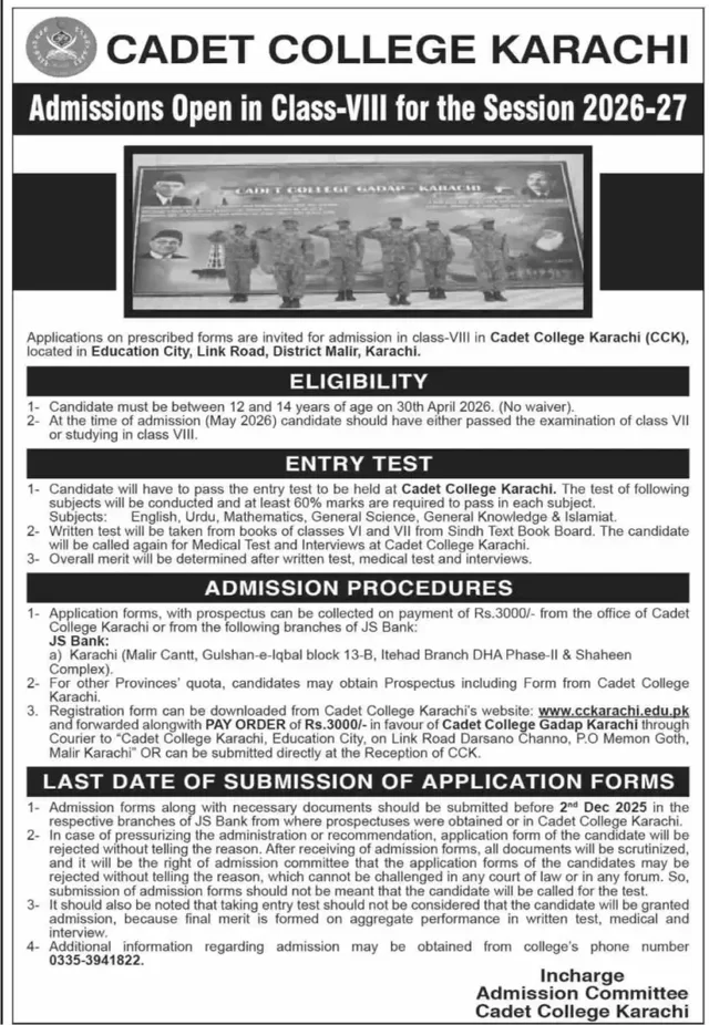 Cadet College Karachi Admissions Open 2026-27 Secure Your Seat in Class VIII