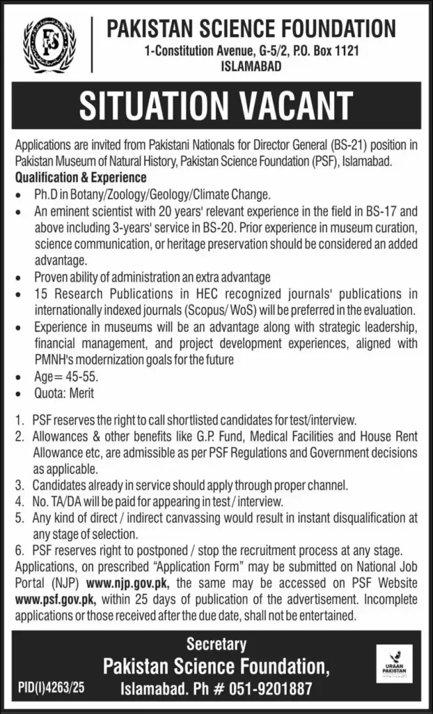 Director General Jobs in Pakistan Science Foundation Islamabad