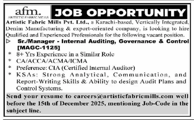 Latest Jobs for Sr. Manager Internal Auditing, Governance & Control in Karachi