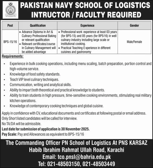 Culinary Instructor Faculty Jobs at Pakistan Navy School of Logistics