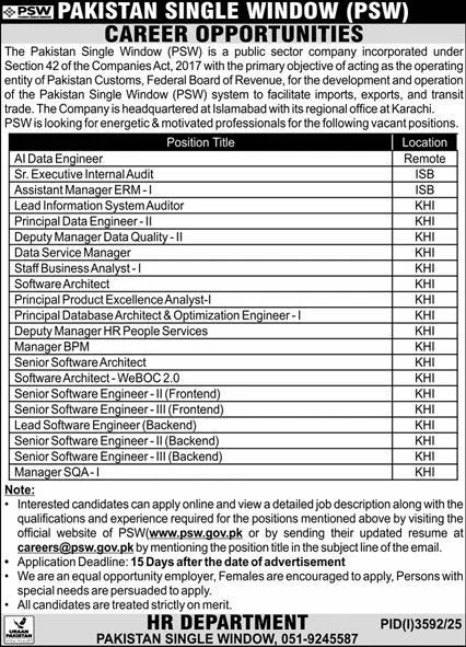 AI Data Engineer Jobs at Pakistan Single Window (PSW) 2025