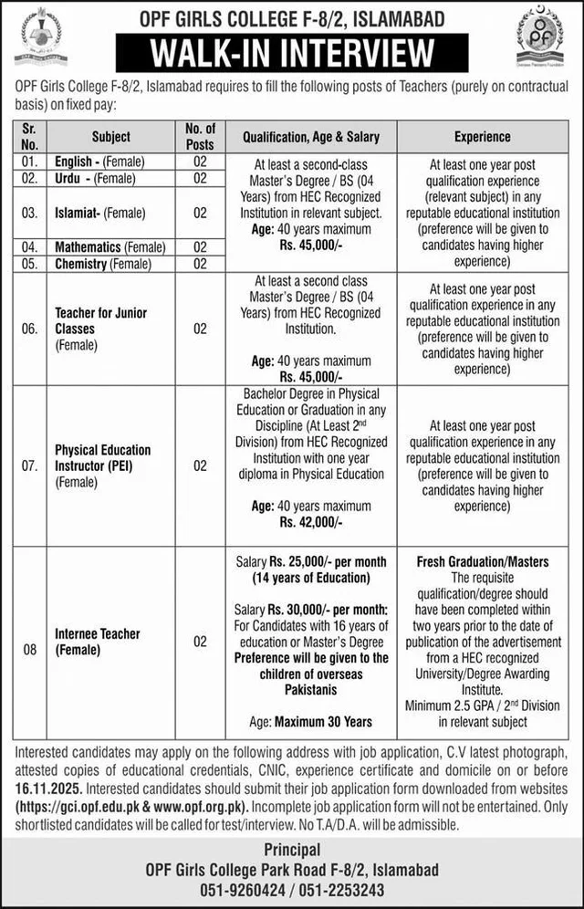 Internee Teachers (Female) Jobs 2025 at OPF Girls College Islamabad