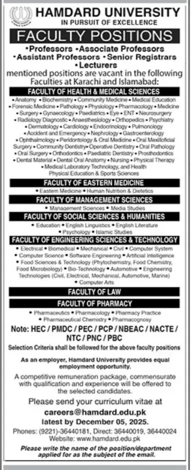 Assistant Professors Jobs at Hamdard University 2025