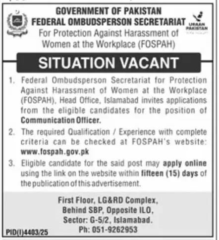 Communication Officer Jobs at Federal Ombudsperson Secretariat Islamabad