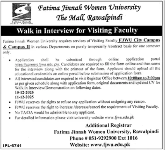 Visiting Faculty Jobs at Fatima Jinnah Women University Rawalpindi