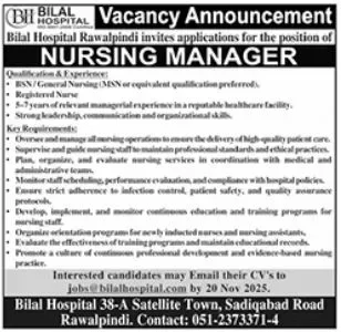 Nursing Manager Job in Bilal Hospital Rawalpindi