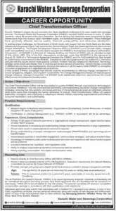 Chief Transformation Officer Job in Karachi Water and Sewerage Corporation