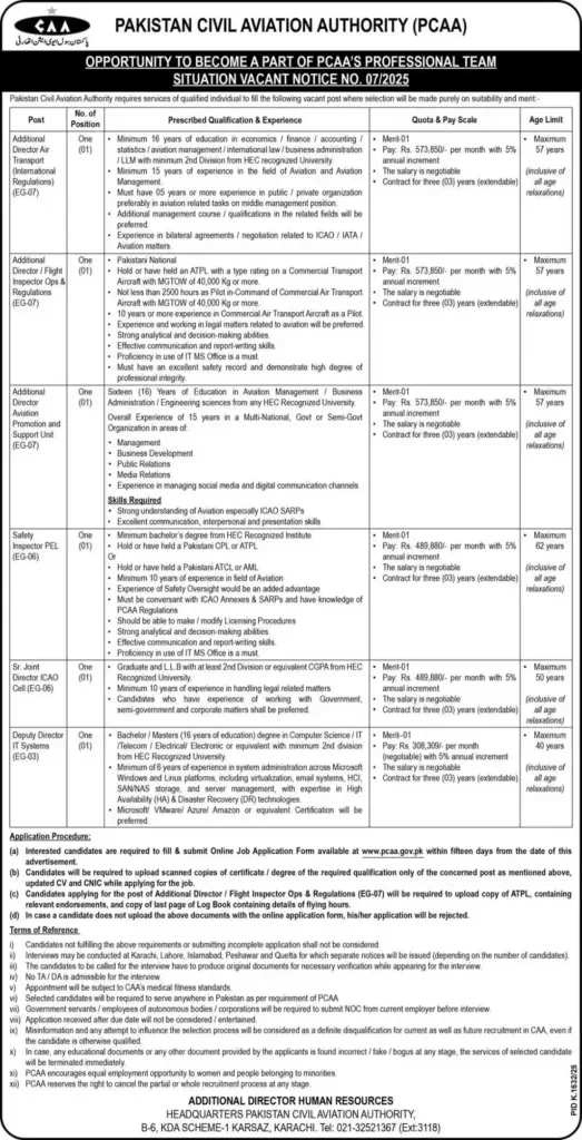 Deputy Director IT Systems Job Pakistan Civil Aviation Authority PCAA Karachi 2025