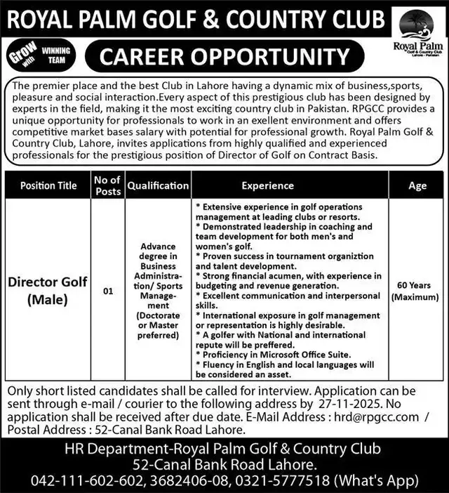 Director Golf Royal Palm Golf & Country Club Lahore Jobs 2025